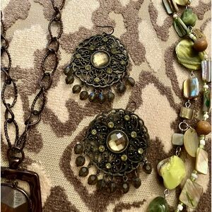 Boho/Gypsy Jewelry Assortment, necklaces, earrings, bracelet, in hues of green.